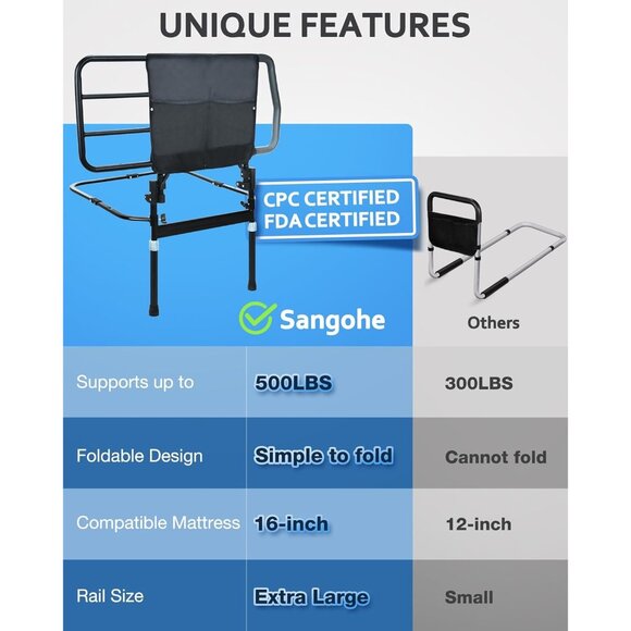 Bed Rail for Elderly Extra Large Heavy Duty Safety Grab Bar Storage Pocket 500# - Picture 7 of 10
